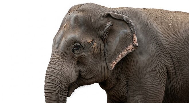 A close-up profile portrait of an Asian elephant's head, showcasing its wrinkled grey skin and features against a clean white background.
