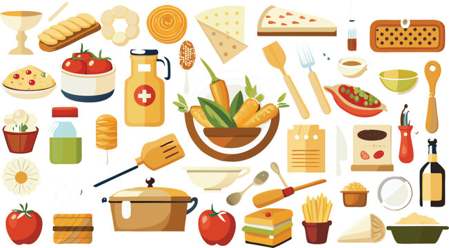 Assortment of food and kitchen items in flat design