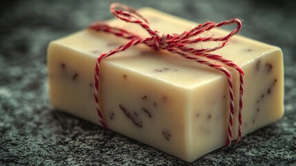 Wrapped soap bar with red and white twine on textured surface.