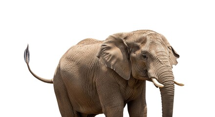 An African elephant with small tusks and a raised tail stands against a plain white background.