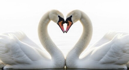 Fototapeta premium Two white swans touch beaks, their elegant curved necks forming a perfect heart shape.