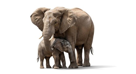 Obraz premium An adult African elephant stands protectively with its small calf on an isolated white background.