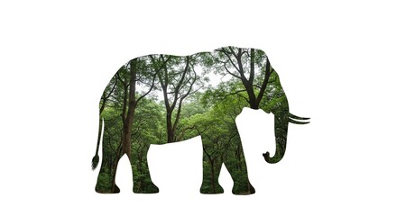 Fototapeta premium Elephant silhouette with a double exposure of a green forest, representing wildlife and its natural habitat.
