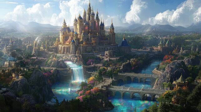 A majestic castle surrounded by waterfalls and lush landscapes, set against a backdrop of mountains and a bright sky, creating a fantastical atmosphere. - Powered by Adobe