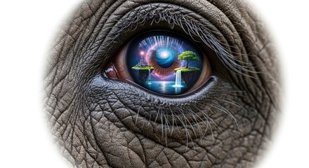 A surreal close-up of an elephant's eye reflecting a magical fantasy world with floating islands, waterfalls, and a cosmic sky.
