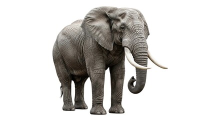 Obraz premium Majestic African bull elephant with large ivory tusks standing isolated on a plain white background.
