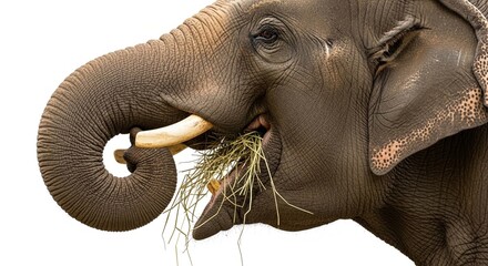 A majestic Asian elephant with a tusk eats hay, shown in profile on a white background.