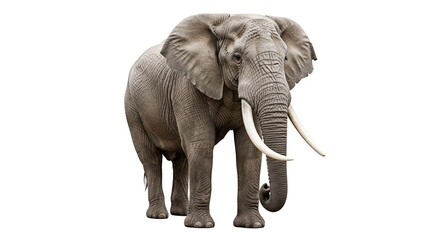 Obraz premium A majestic African bull elephant with large white tusks stands facing the camera, isolated on a white background.