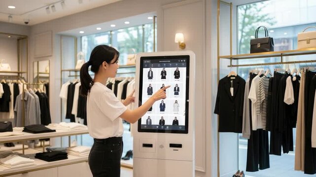 Customer browsing clothes via touchscreen display
