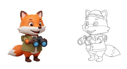Fototapeta premium Cartoon fox character illustration with line art design