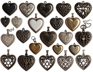 Assortment of diverse heart pendants displaying varied metals and embellishments creating a