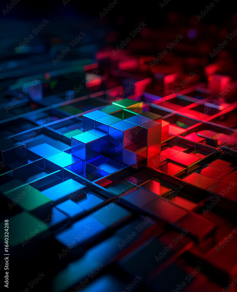 Poster an abstract composition featuring a cluster of luminous blue cubes against a backdrop of red and blu