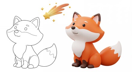 Obraz premium Cartoon fox illustration coloring page