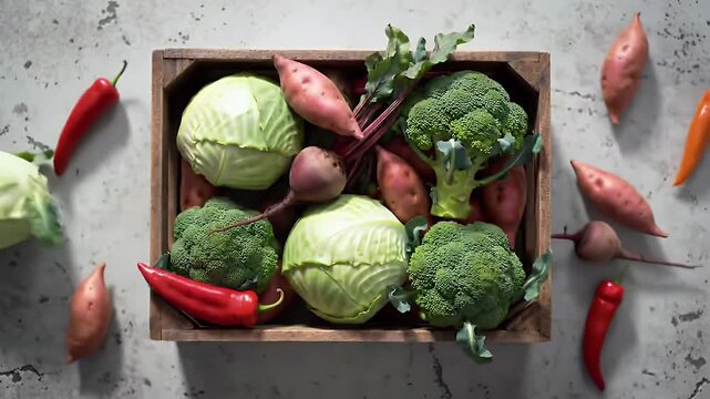 High Angle Shot of Wooden Crate Displaying Vibrant Broccoli Beta Vulgaris Cabbage Ipomoea Batatas and Red Peppers on Textured Surface Perfect For Decoration Illustrating Healthy Eating and Organic