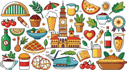 Diverse collection of food drinks and travel icons