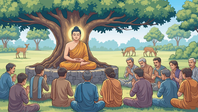 Vector illustration of the Buddha giving his first sermon at Sarnath deer park, seated on a stone wall under a royal tree in saffron robes, with listeners and three deer grazing in the park.