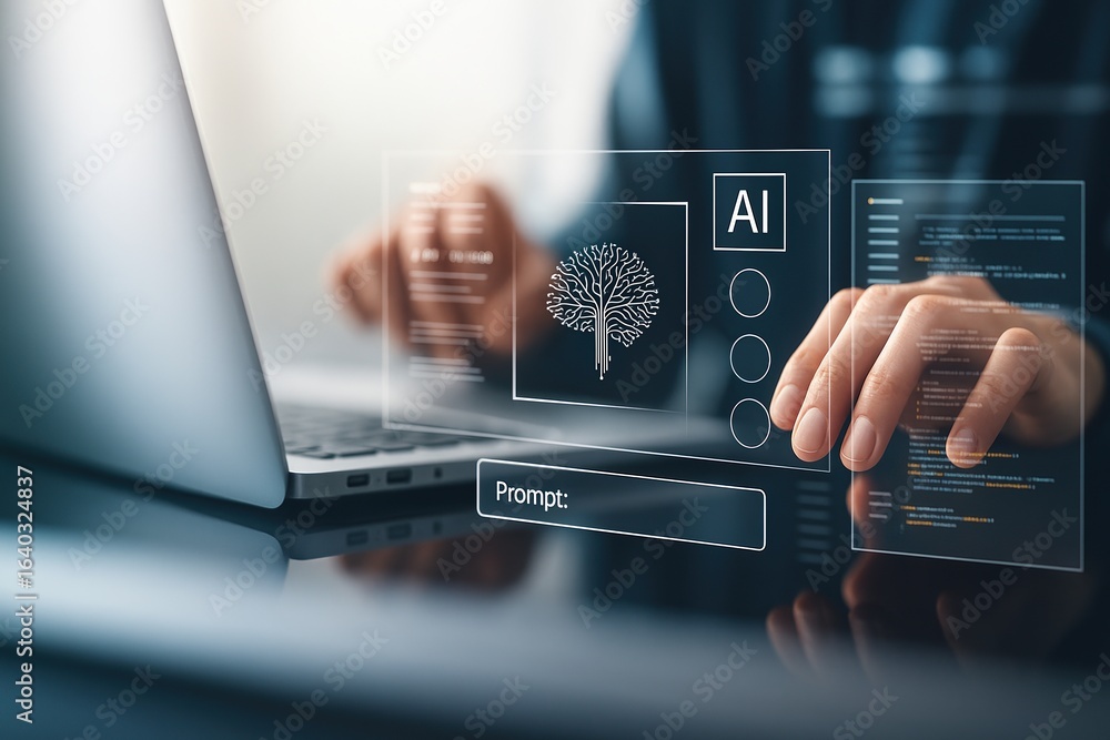 Aufkleber artificial intelligence on laptop,ai prompt and deep learning,neural network technology,data analysi