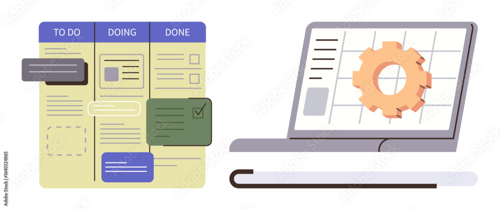 Poster kanban board tracking tasks through stages, laptop screen displaying gear for workflow automation. i