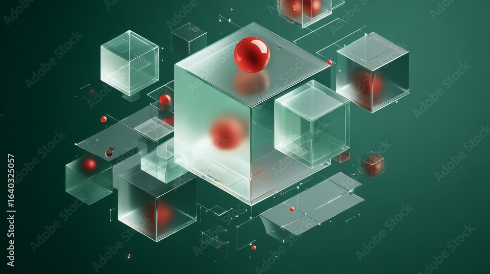 Poster a red sphere rests atop transparent cubes with geometric patterns, showcasing 3d rendering and abstr