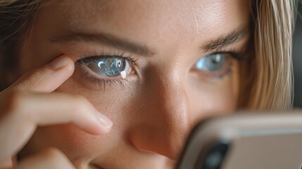 Close-up of a young woman with blue eyes, engaging with her smartphone with a smile.