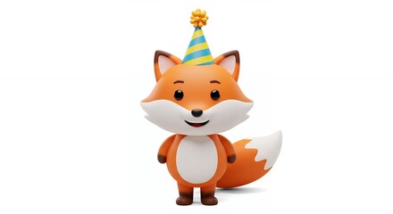 Obraz premium Cute cartoon fox figurine with party hat