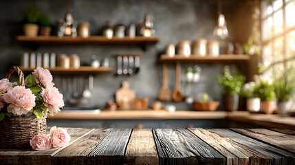 Pink roses in a basket on a rustic wooden table in a kitchen.
