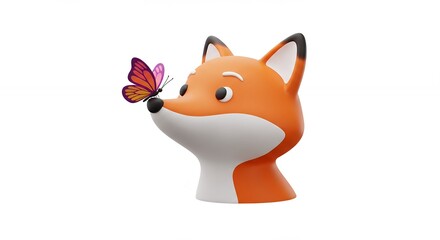 Obraz premium Cute cartoon fox head with butterfly illustration