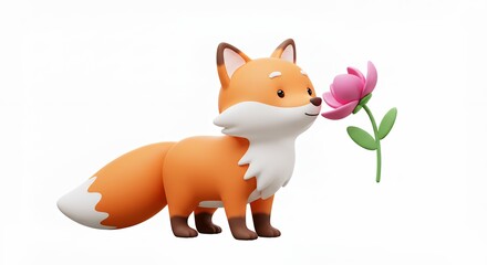 Obraz premium Cute cartoon fox smelling a flower