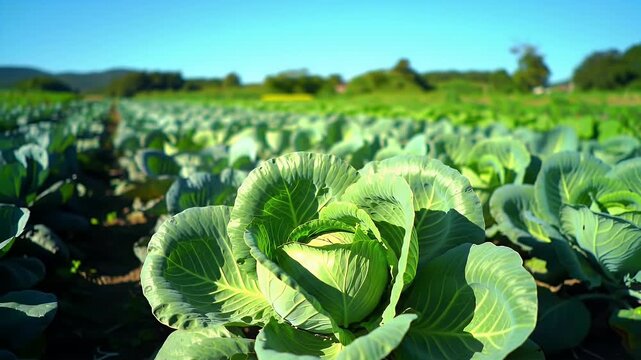 Lush Green Cabbage Field Cultivation Under Clear Blue Sky With Rolling Hills Agriculture Farm And Harvest Season In Countryside With Healthy Farm Fresh Produce And Natural Organic Growth