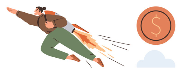 Individual wearing rocket-powered backpack flying upward toward a coin symbolizing success. Ideal for business growth, financial ambition, startup drive, career advancement, innovation, aspirations