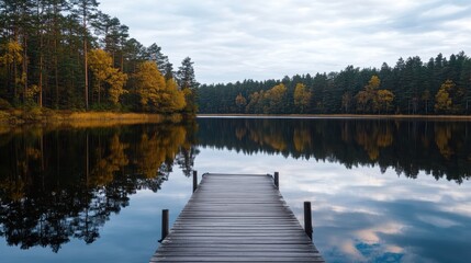 A serene wooden dock extends into a calm lake, surrounded by lush trees and reflecting autumn colors under a cloudy sky.