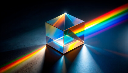 A prism with a ray of light passing through one side and the light breaking down into the colors of the rainbow.	
