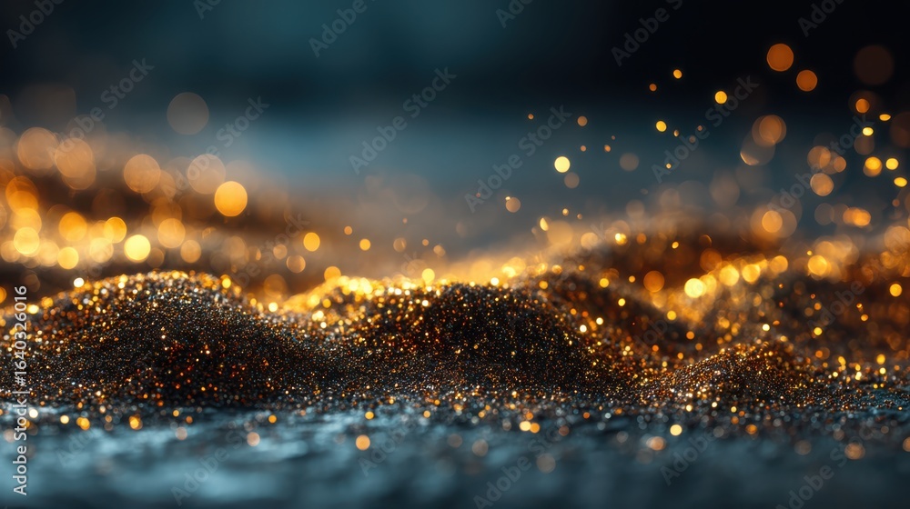 Poster a close-up image featuring shimmering golden particles creating a mesmerizing, textured surface agai