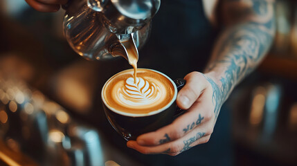 Pouring latte art into a black mug held by tattooed hands in a cafe with blurred background bokeh lights