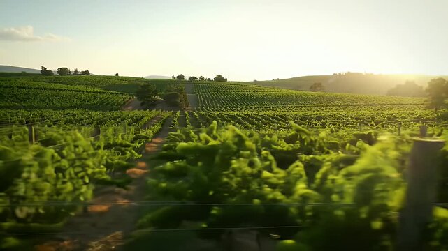 Lush Green Vineyard Landscape at Sunset With Rolling Hills and Glistening Sunlight Rows of Grapevines Stretching Into the Distance Cultivation and Viticulture Rich Colors and Textures of Nature's