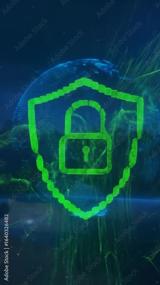 Aufkleber digital security shield with glowing padlock protecting world globe with futuristic binary code in a
