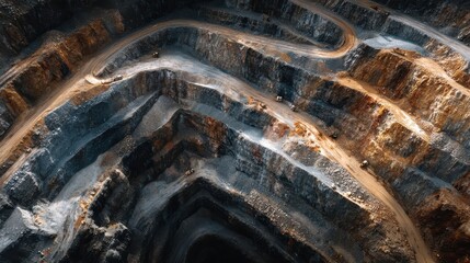An aerial view of a large, active mining site showcasing layered rock formations and winding paths.
