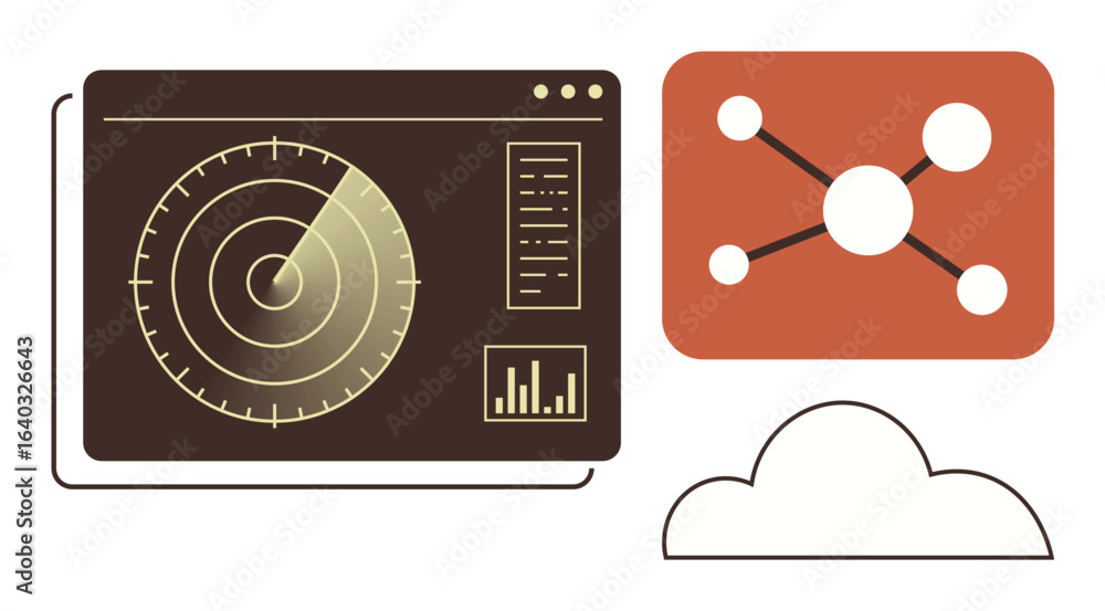 Poster radar interface with tracking screen, statistic graphs, network diagram, and cloud icon. ideal for t