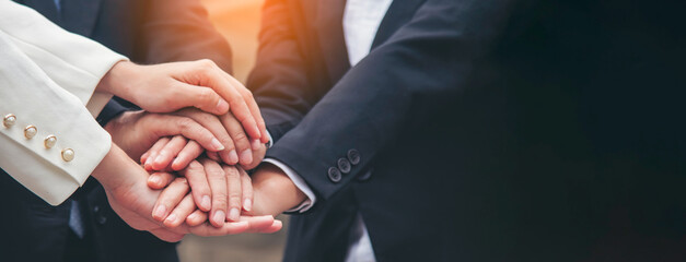 Banner Lawyer teamwork partnership Businessman handshake together. Panorama Two Men Trust honesty lawfirm business handshake promise respect partner. Diversity solidarity team Partner hands together