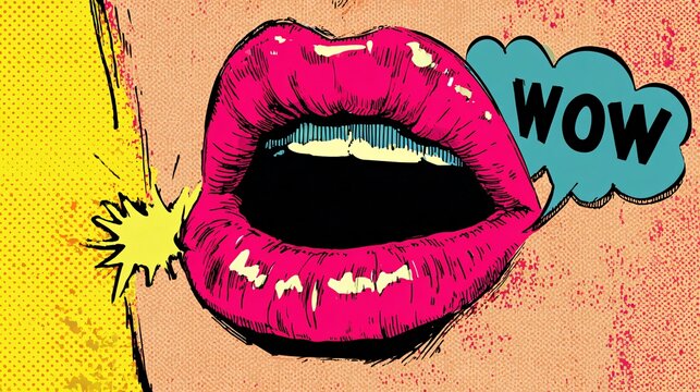 Expressive Pop Art Mouth Shouting WOW with Colorful Speech Bubble - Vibrant Comic Style Illustration Concept