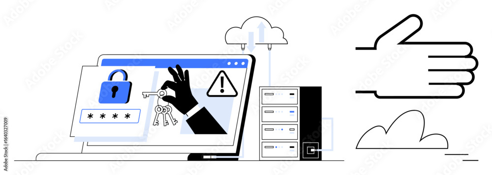 Poster laptop displaying lock, key, and warning signs beside server stacks and a cloud. hand icon highlight