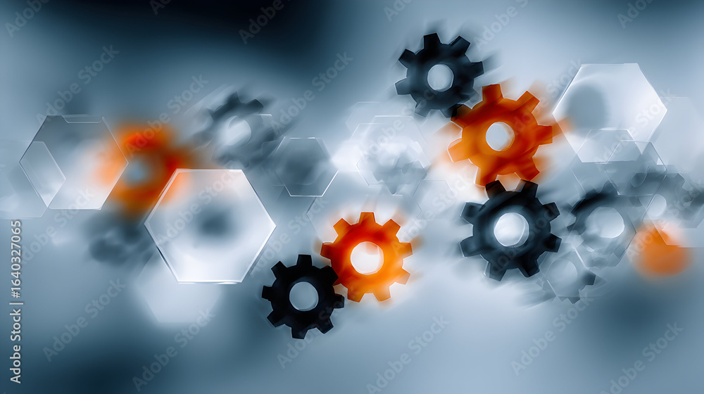 Poster abstract image of gears and hexagons against a blurred background.