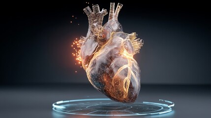 A mesmerizing digital heart model illuminated with glowing particles against a dark background.