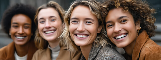 Banner of Joyful group of diverse friends smiling together outdoors in a vibrant and sunny city setting
