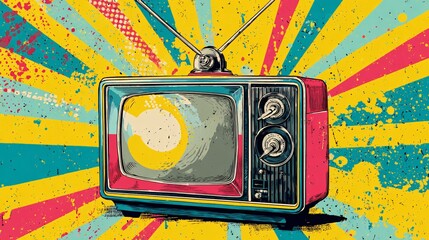 Vibrant Pop Art Television Set with Retro Antenna in Colorful Hues
