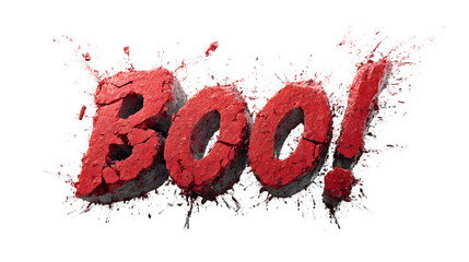 Bold red cracked “Boo!” text exploding with debris, intense and shocking, ideal for Halloween designs, horror posters, or jump-scare themes.