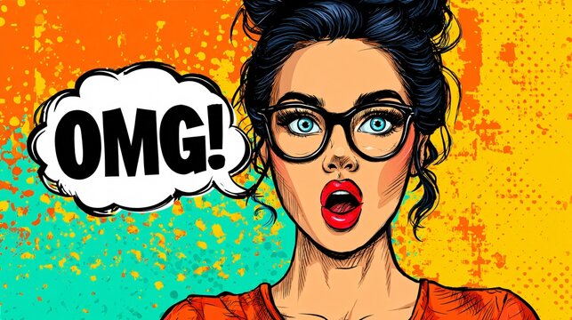 Vibrant Pop Art Female Character with Speech Bubble Saying OMG - Expressive Comic Style Illustration - Powered by Adobe