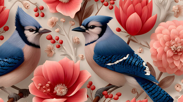Two blue jays among pink flowers, illustrated artwork.