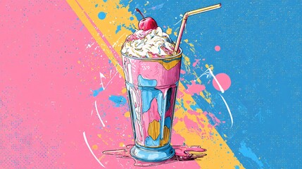 Fun and Vibrant Retro Pop Art Milkshake Illustration in Candy Colors