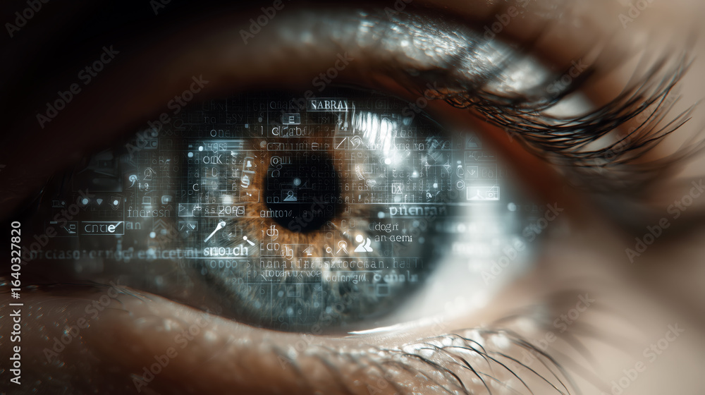 Poster eye reflection with digital data and text elements representing technology and information